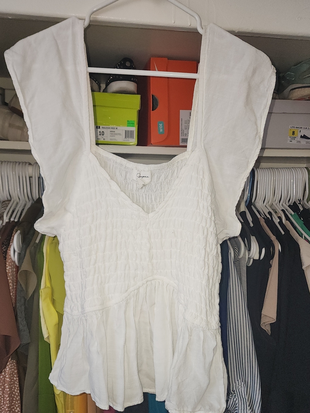 White Smocked Peplum V-Neck Blouse - Unknown Brand